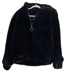 Sweet Rain Jacket Coat Cover L Black Faux Fur Hood Zipper Gothic Money Mobwife